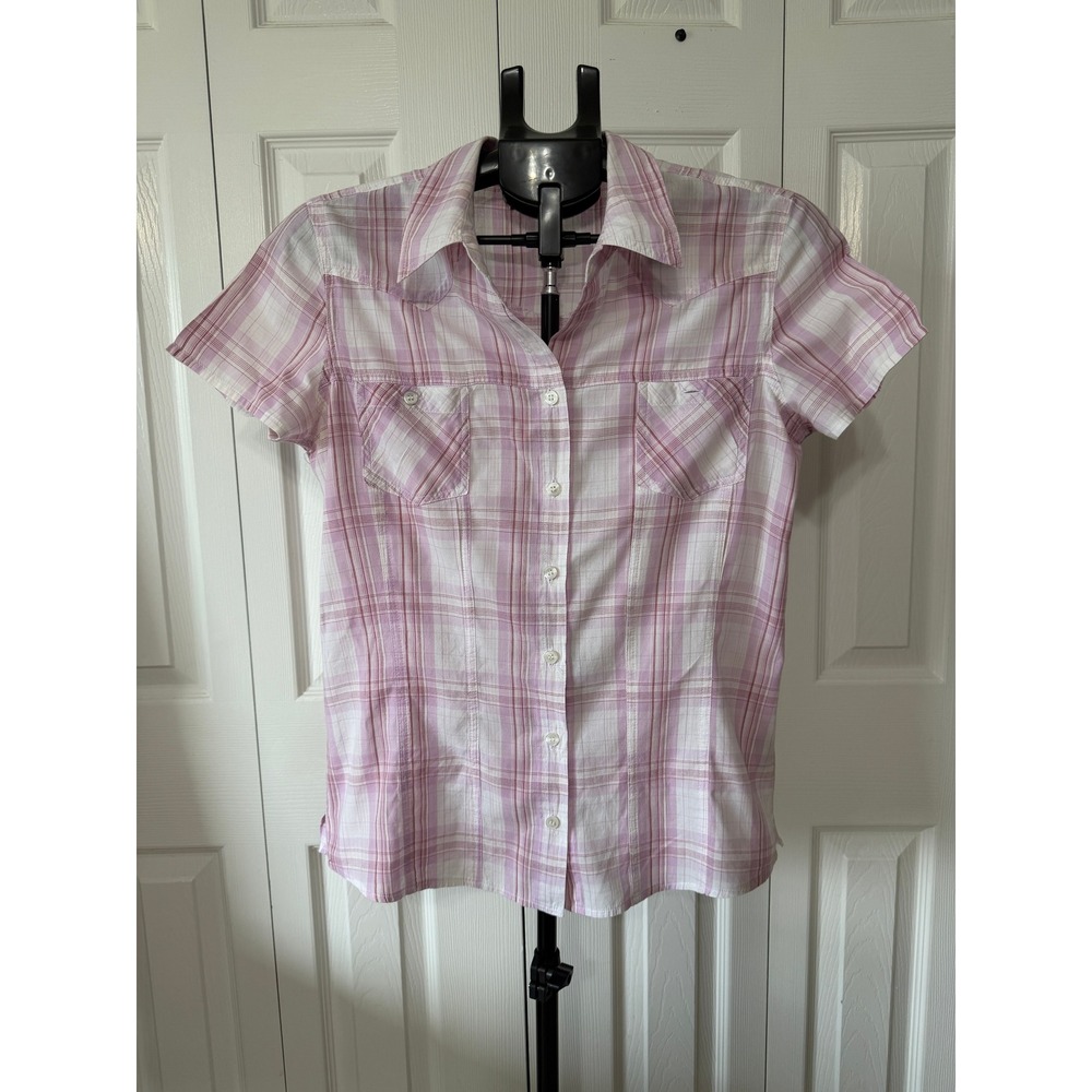 KappAhl Womens Pink White Plaid Western Short Sleeve Button Down Shirt Size 40